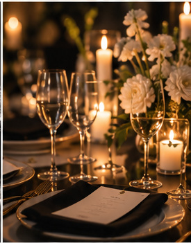 Mesa elegante con flores oscuras y velas